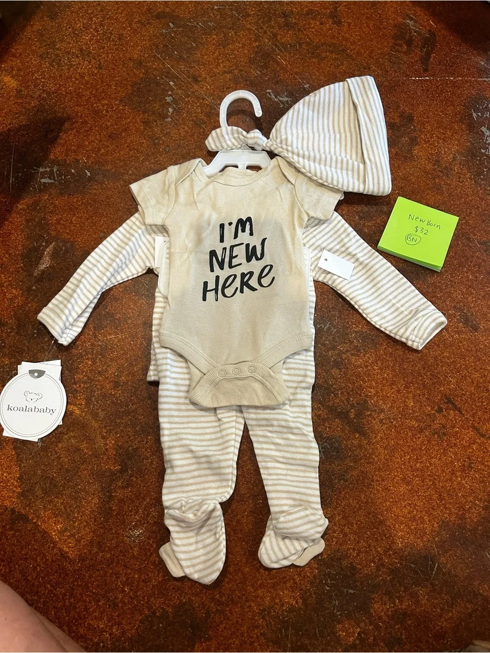 Koala Kids - infant NB- Cream Striped Elephant. 4 piece set. Hat, Onesie, Pants